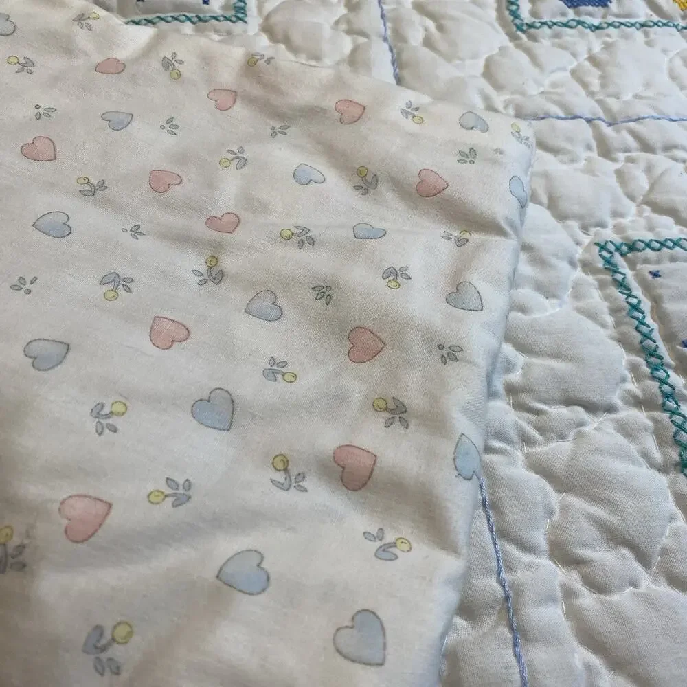 Vintage 1970s Crib Baby Coverlet Embroidery Needlepoint Novelty Quilted Blanket